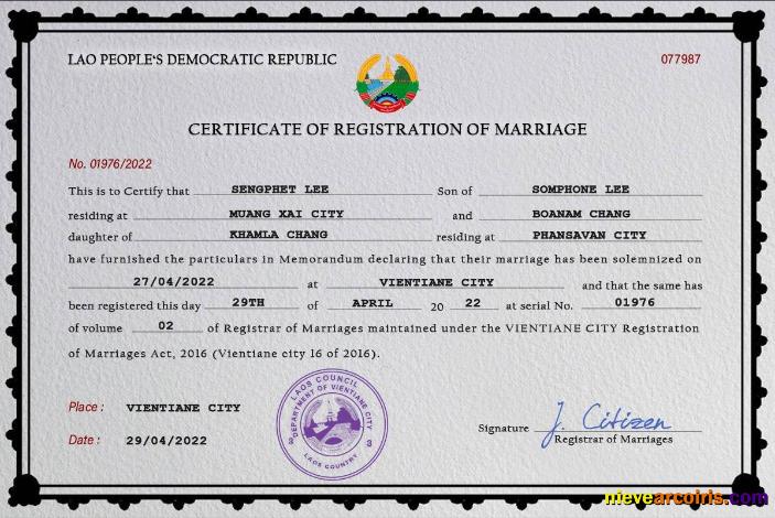 Laos marriage certificate